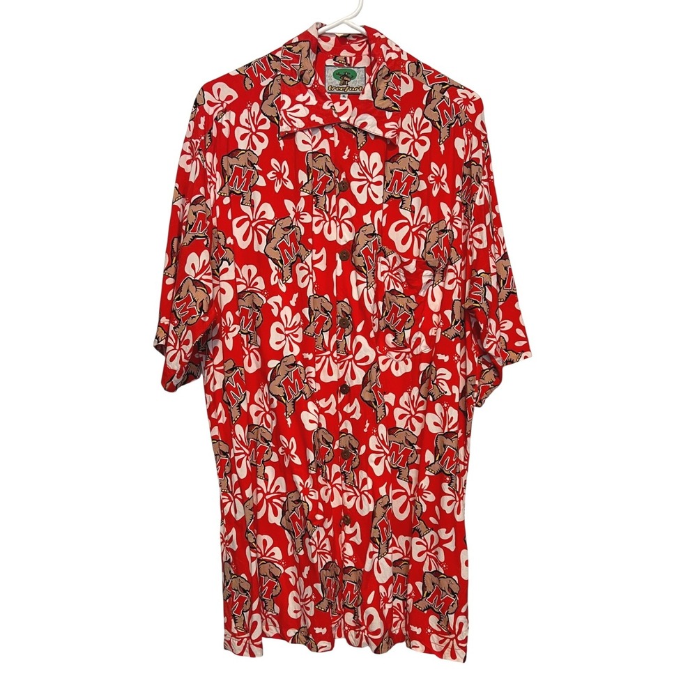 Men's XL Button Up Shirt Red Maryland Terrapins Mascot Graphic Print Hawaiian